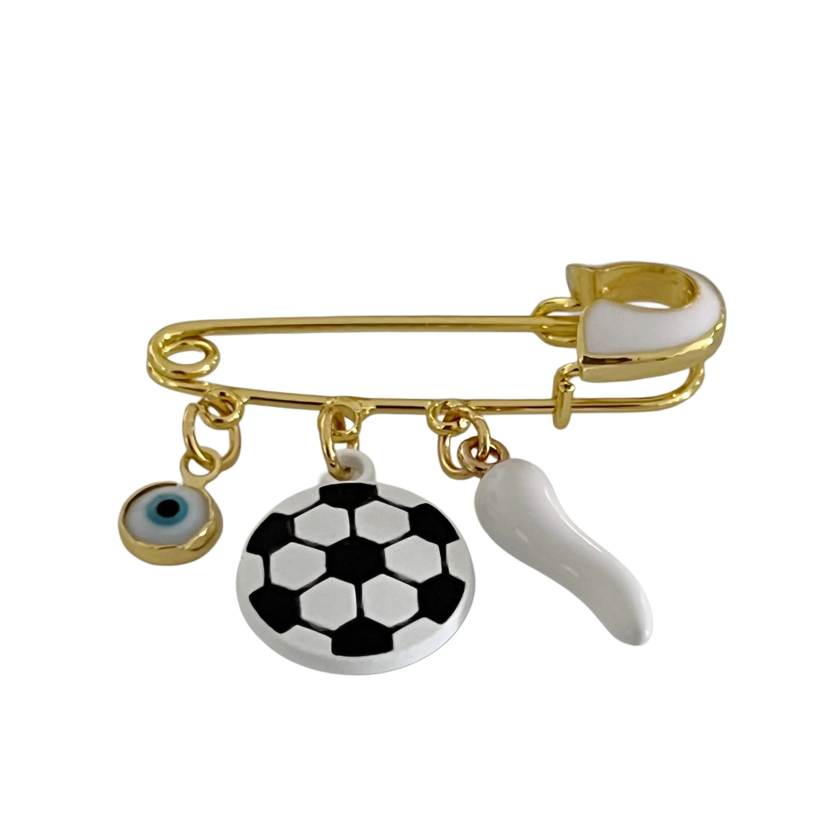 4 CM Enamel White Pin for Kids with Soccer Ball Charm - Gold