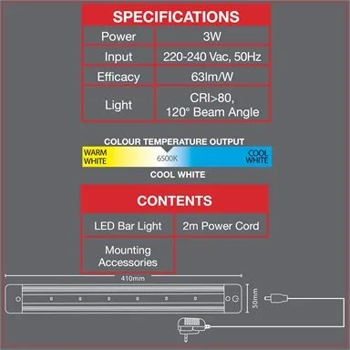 Arlec Matte Black 190 Lumens Touch Sensor Cool White LED Cabinet Light