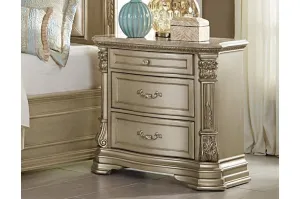 Benzara 3 Drawer Wooden Night Stand With Marble Top, Champagne Gold