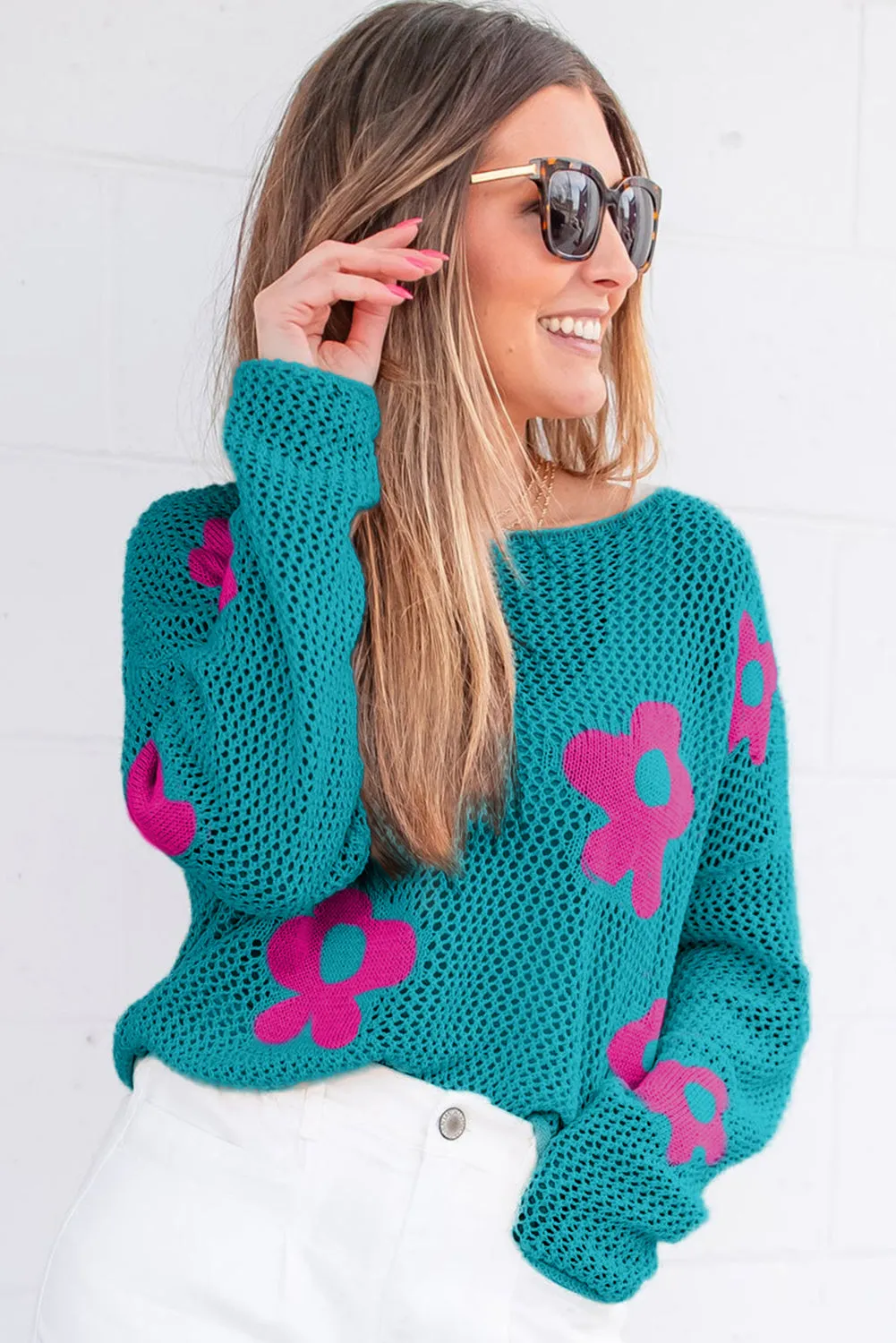 Big Flower Hollowed Knit Drop Shoulder Sweater