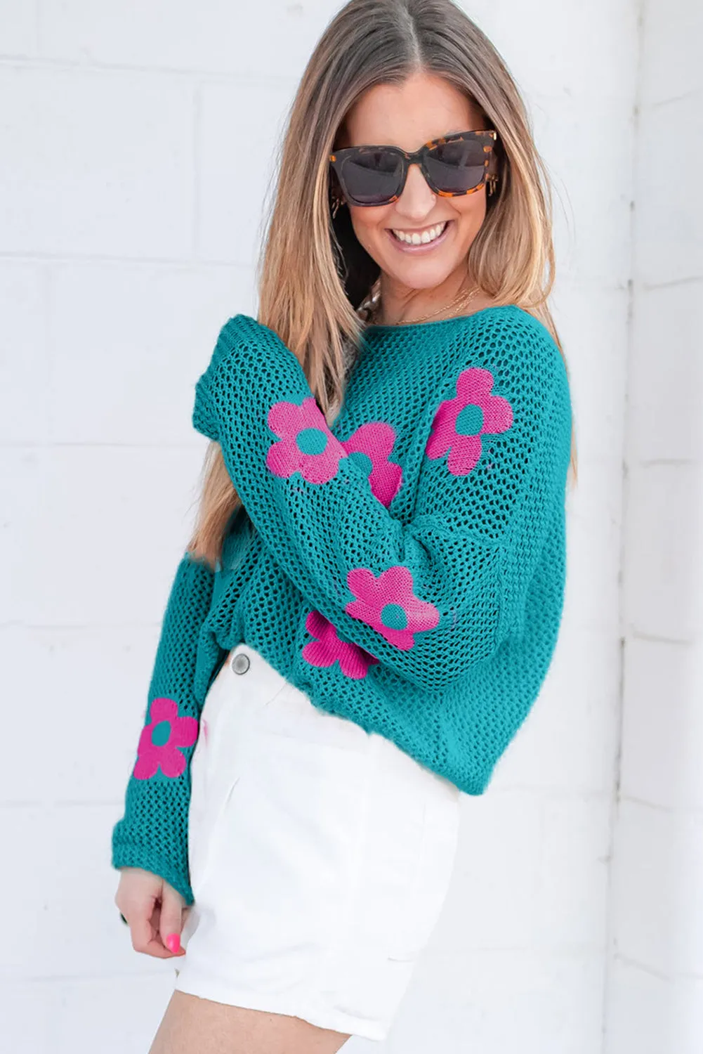 Big Flower Hollowed Knit Drop Shoulder Sweater