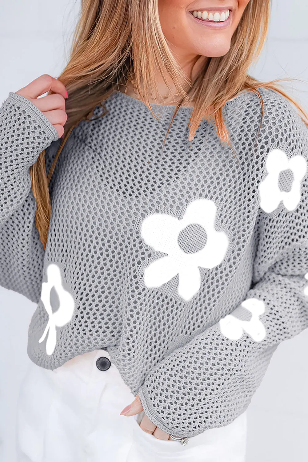 Big Flower Hollowed Knit Drop Shoulder Sweater