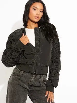 Black Ruched Sleeves Zipped Bomber Jacket