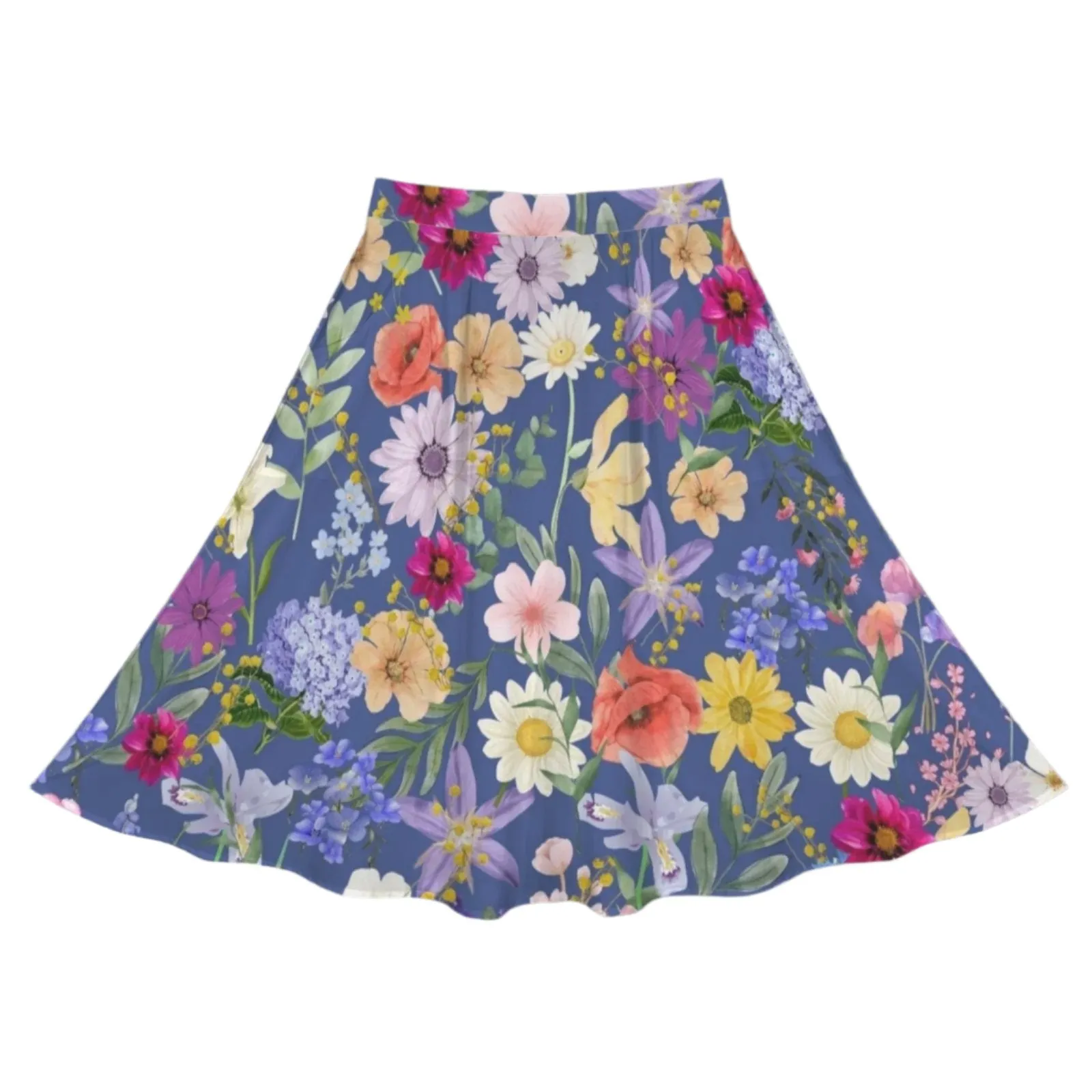 Blue Colourful Floral Mid Length Skirt with Pockets up to 5 XL (FWS)