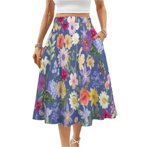 Blue Colourful Floral Mid Length Skirt with Pockets up to 5 XL (FWS)