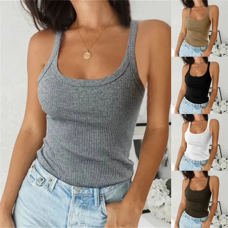 Bonnyshow  Top Women Off Shoulder Ribbed Black Sexy Tank Top O Neck Knit Tank Top Sleeveless Solid   Summer Tops For Women