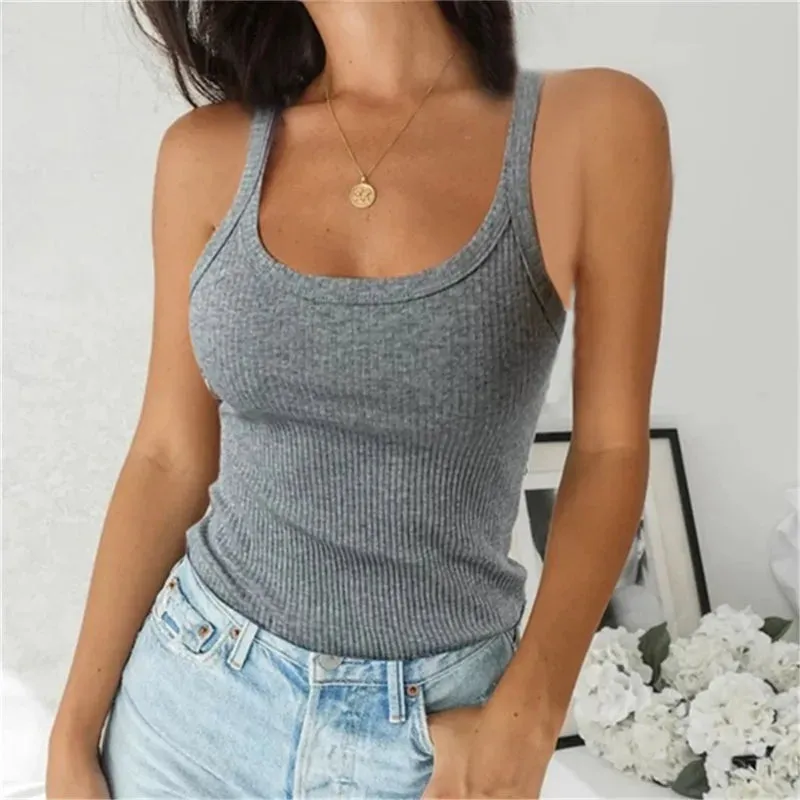 Bonnyshow  Top Women Off Shoulder Ribbed Black Sexy Tank Top O Neck Knit Tank Top Sleeveless Solid   Summer Tops For Women