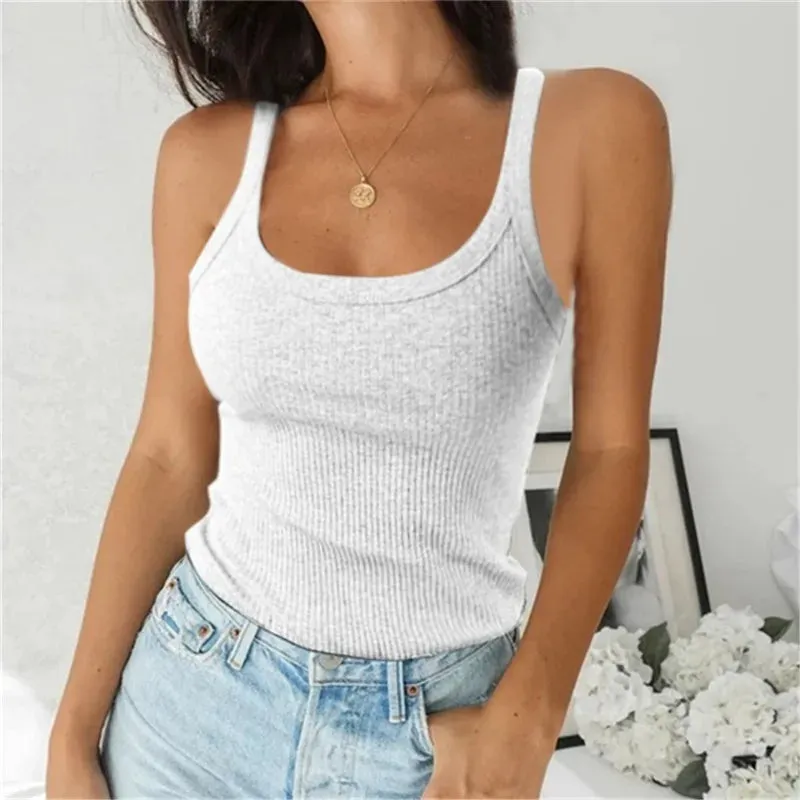 Bonnyshow  Top Women Off Shoulder Ribbed Black Sexy Tank Top O Neck Knit Tank Top Sleeveless Solid   Summer Tops For Women