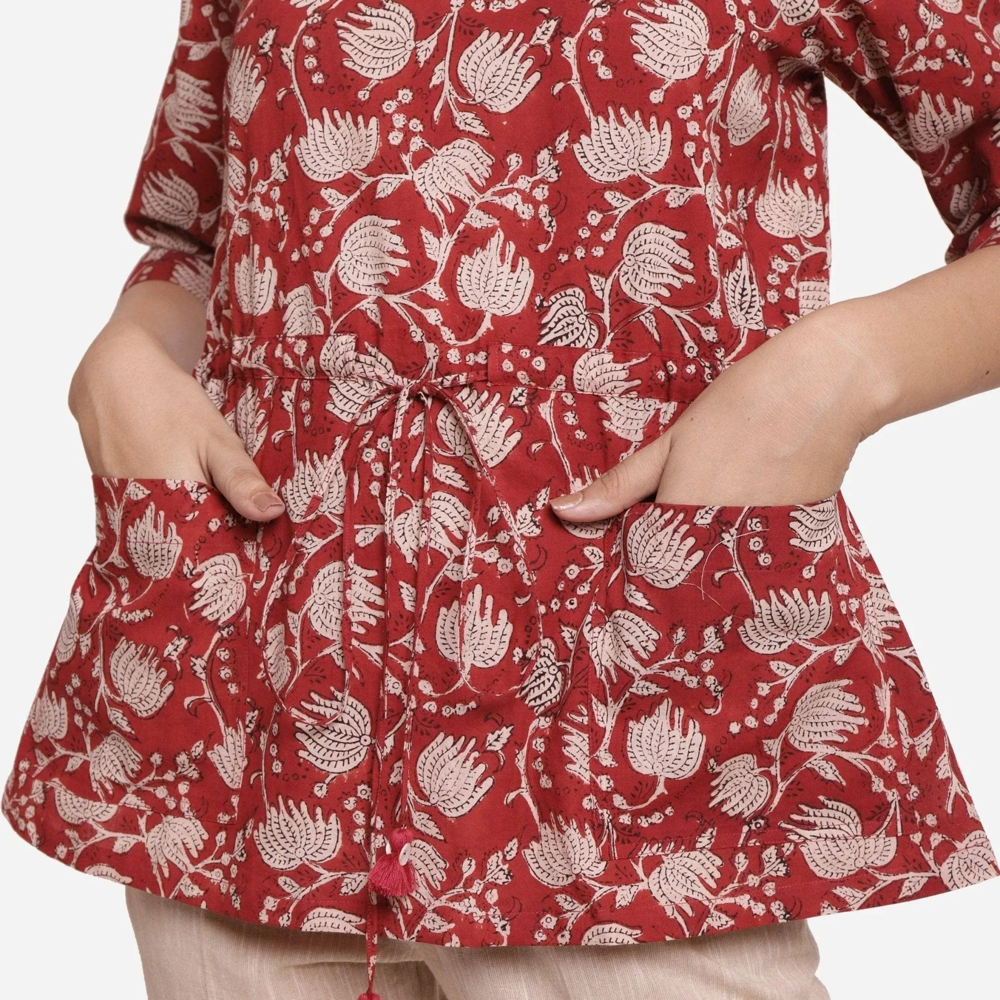 Brick Red Floral Block Print Cotton Tunic