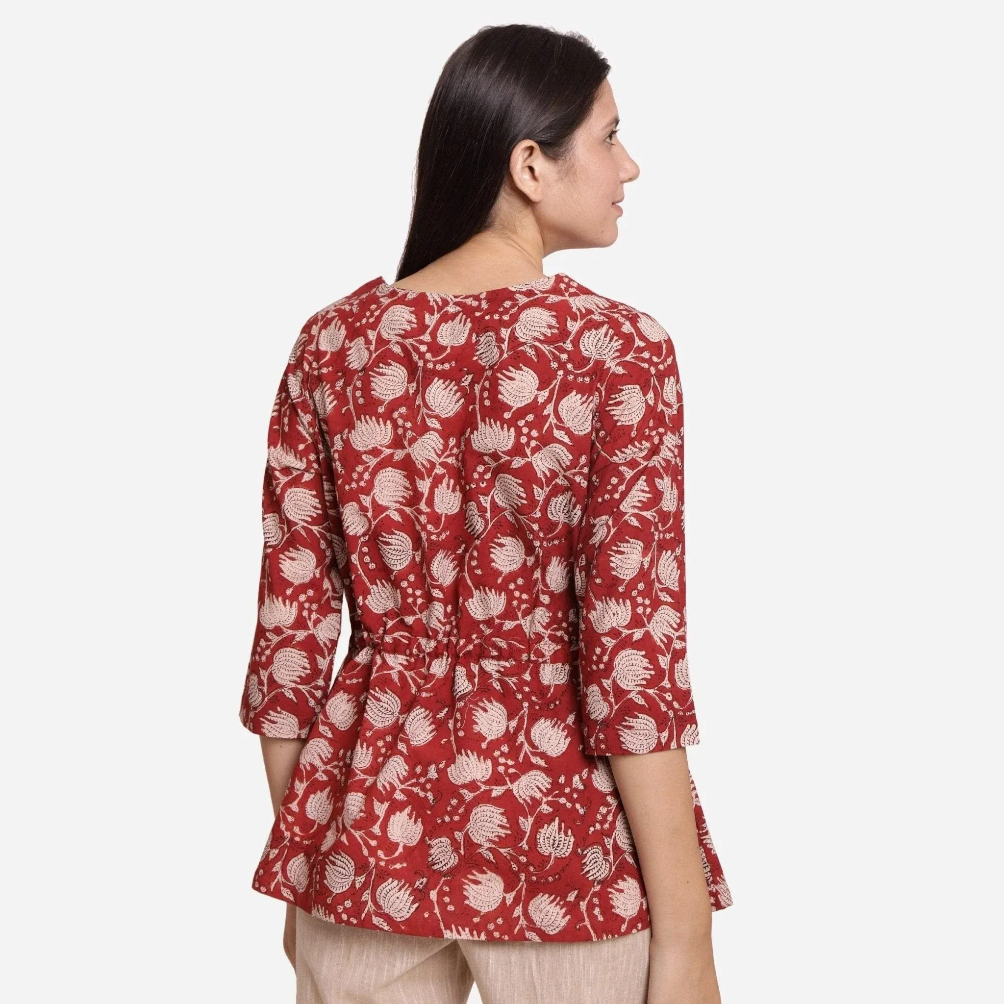 Brick Red Floral Block Print Cotton Tunic