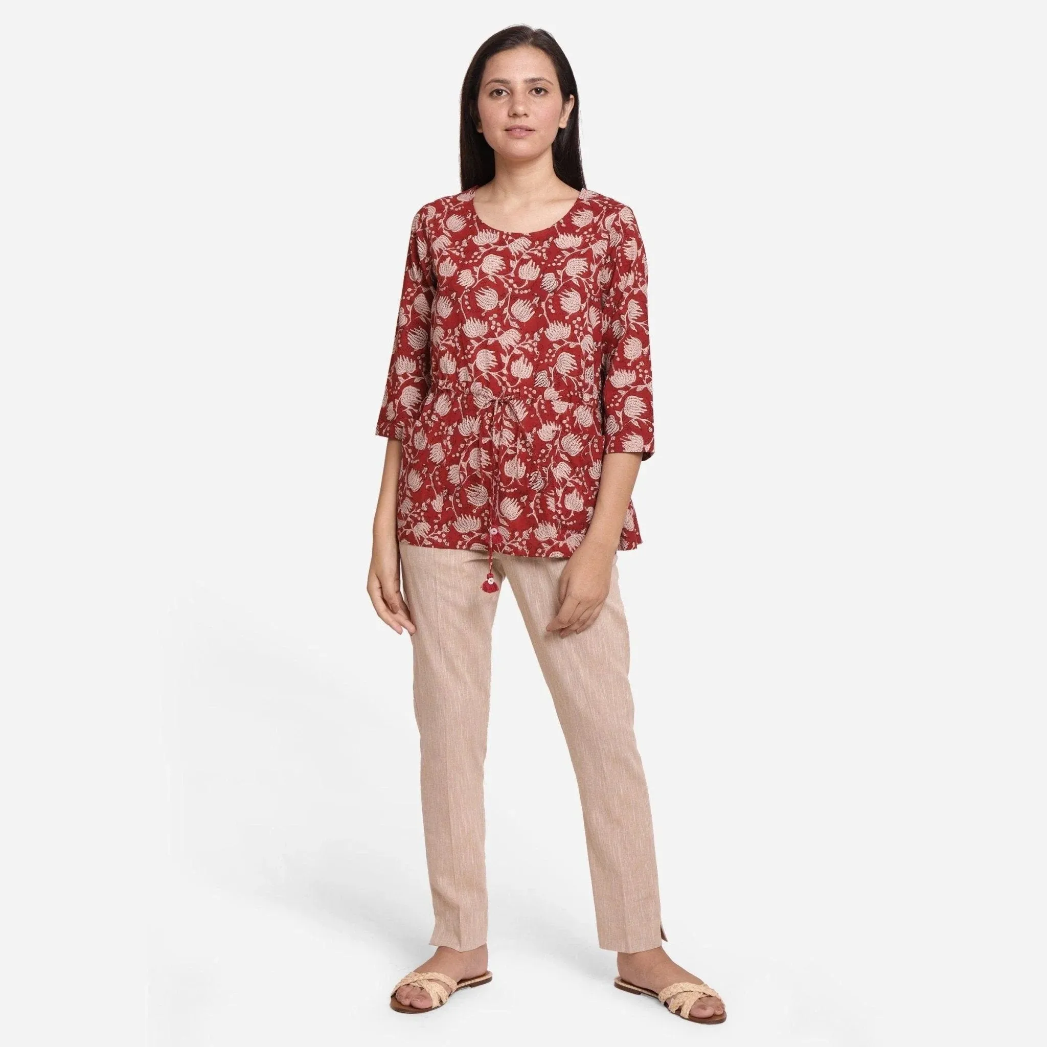 Brick Red Floral Block Print Cotton Tunic