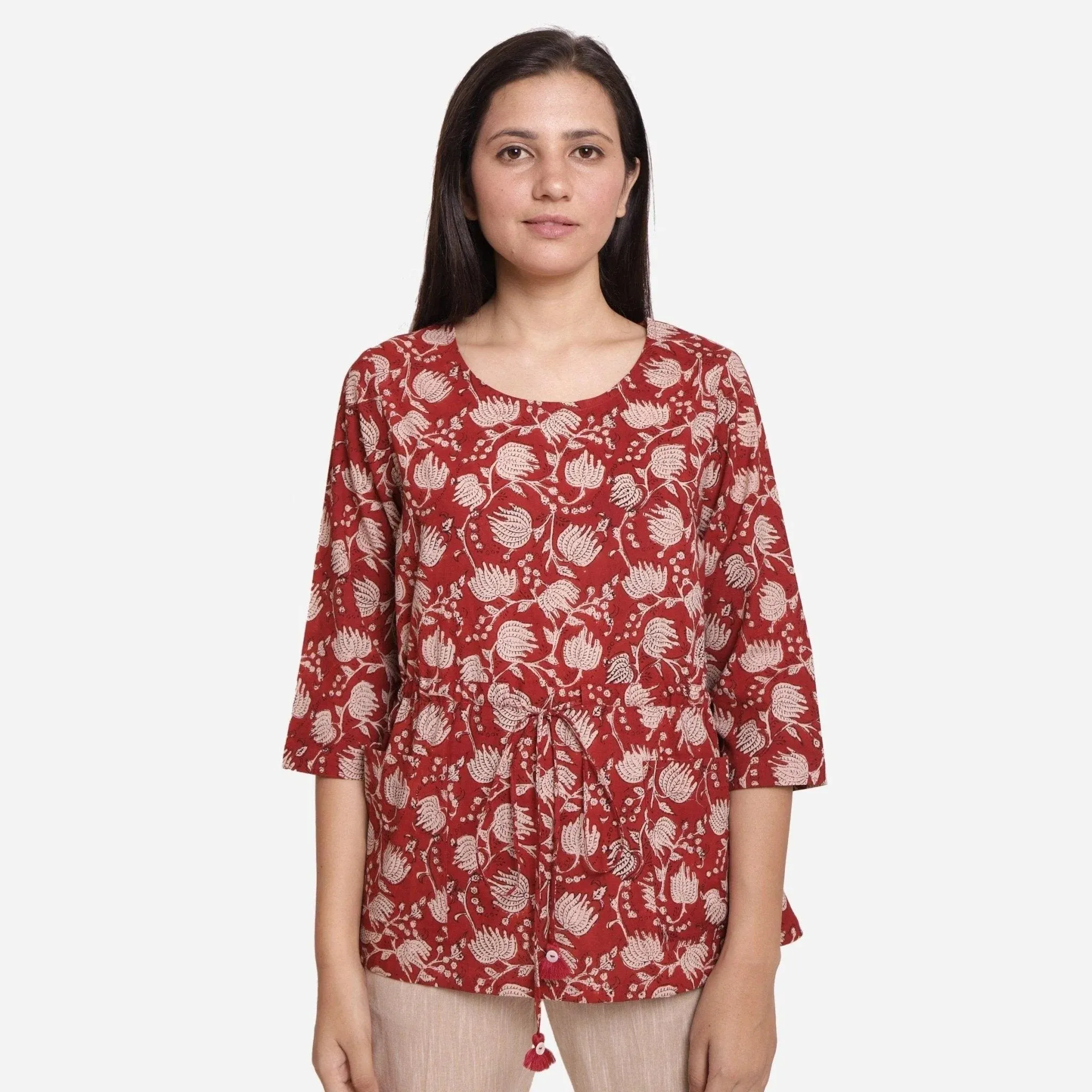 Brick Red Floral Block Print Cotton Tunic