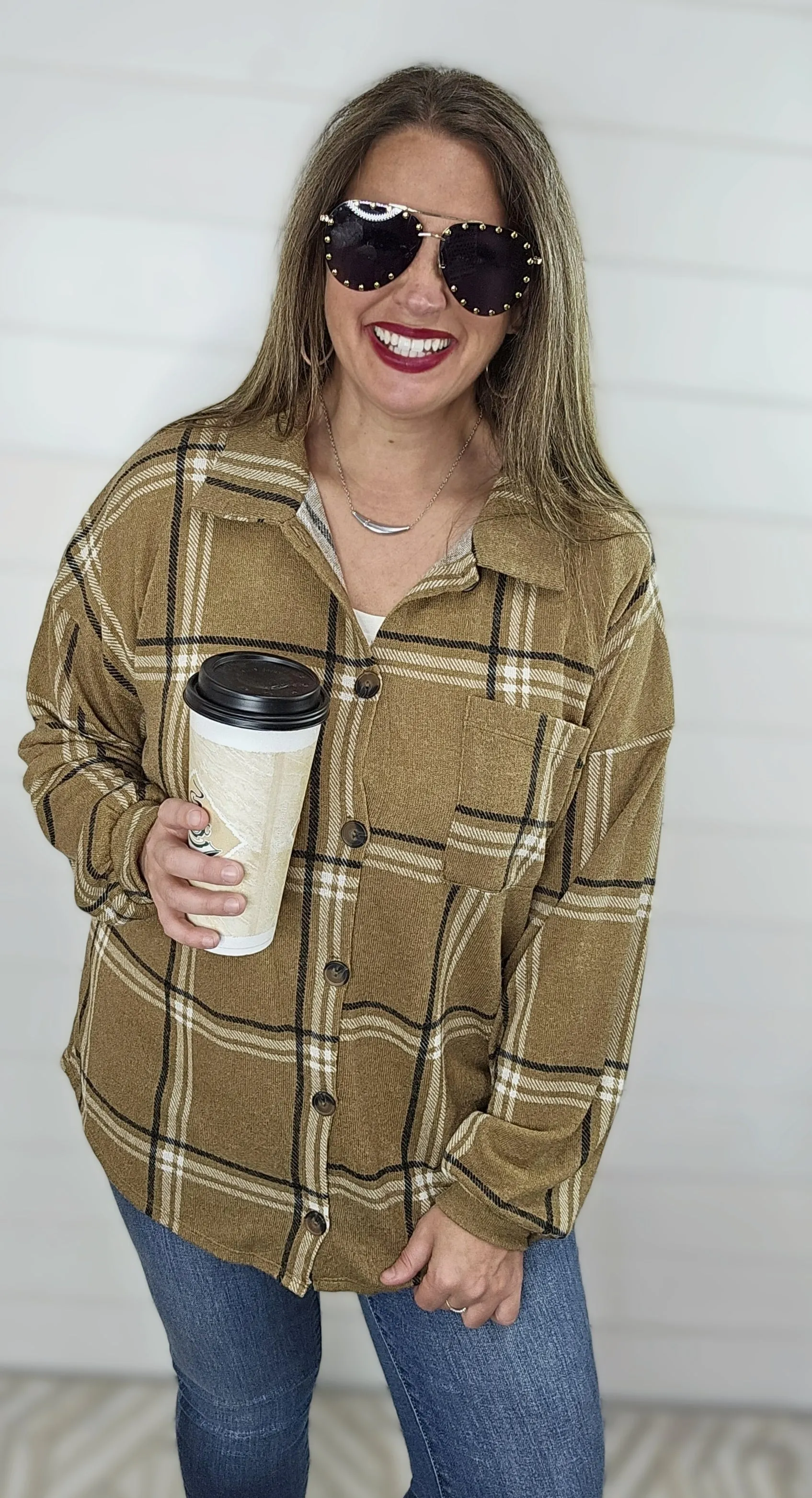 CAMEL PLAID CHECK BUTTON DOWN TOP