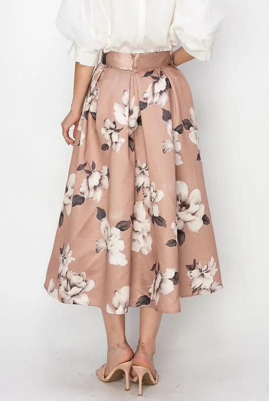 Cappuccino High Waist Floral Print Pleated Midi Skirt