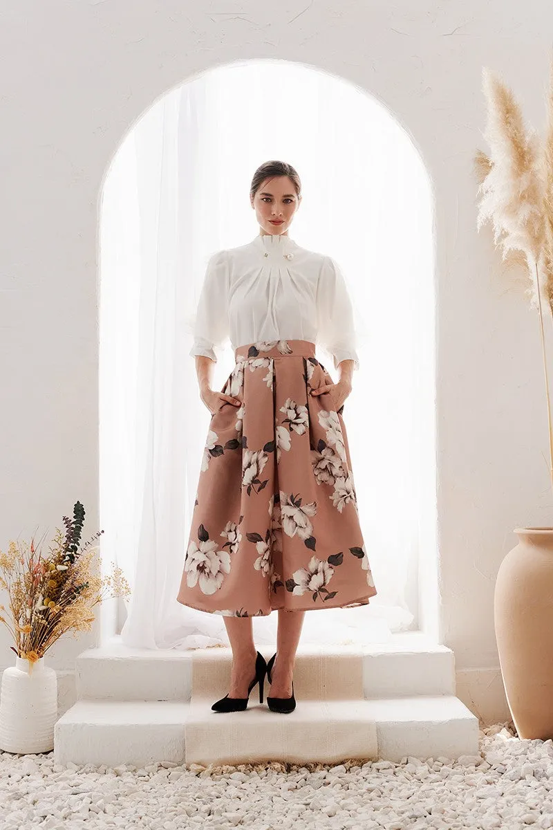 Cappuccino High Waist Floral Print Pleated Midi Skirt