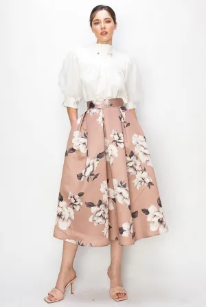 Cappuccino High Waist Floral Print Pleated Midi Skirt