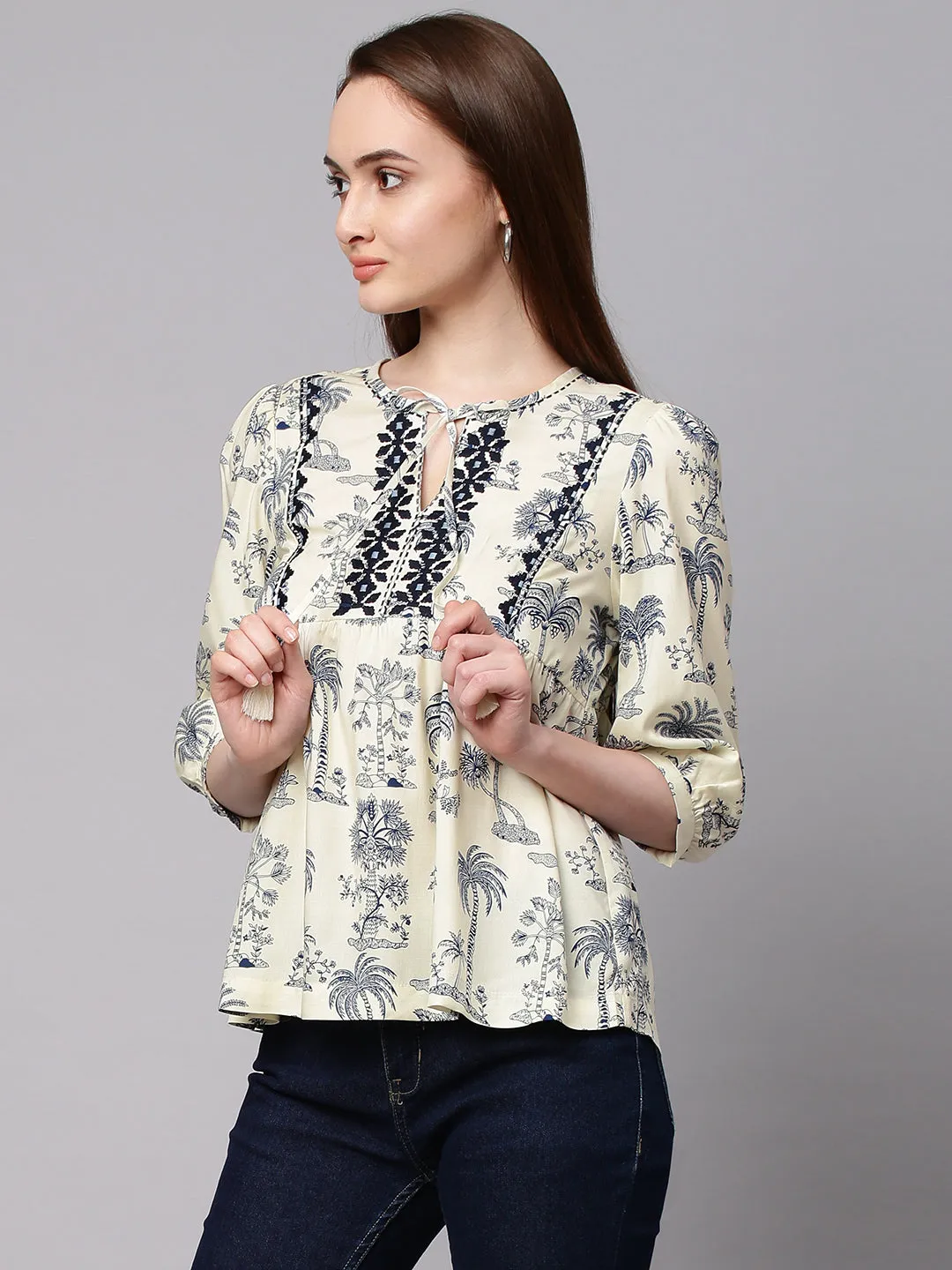 Cream Embroidered Cotton Top