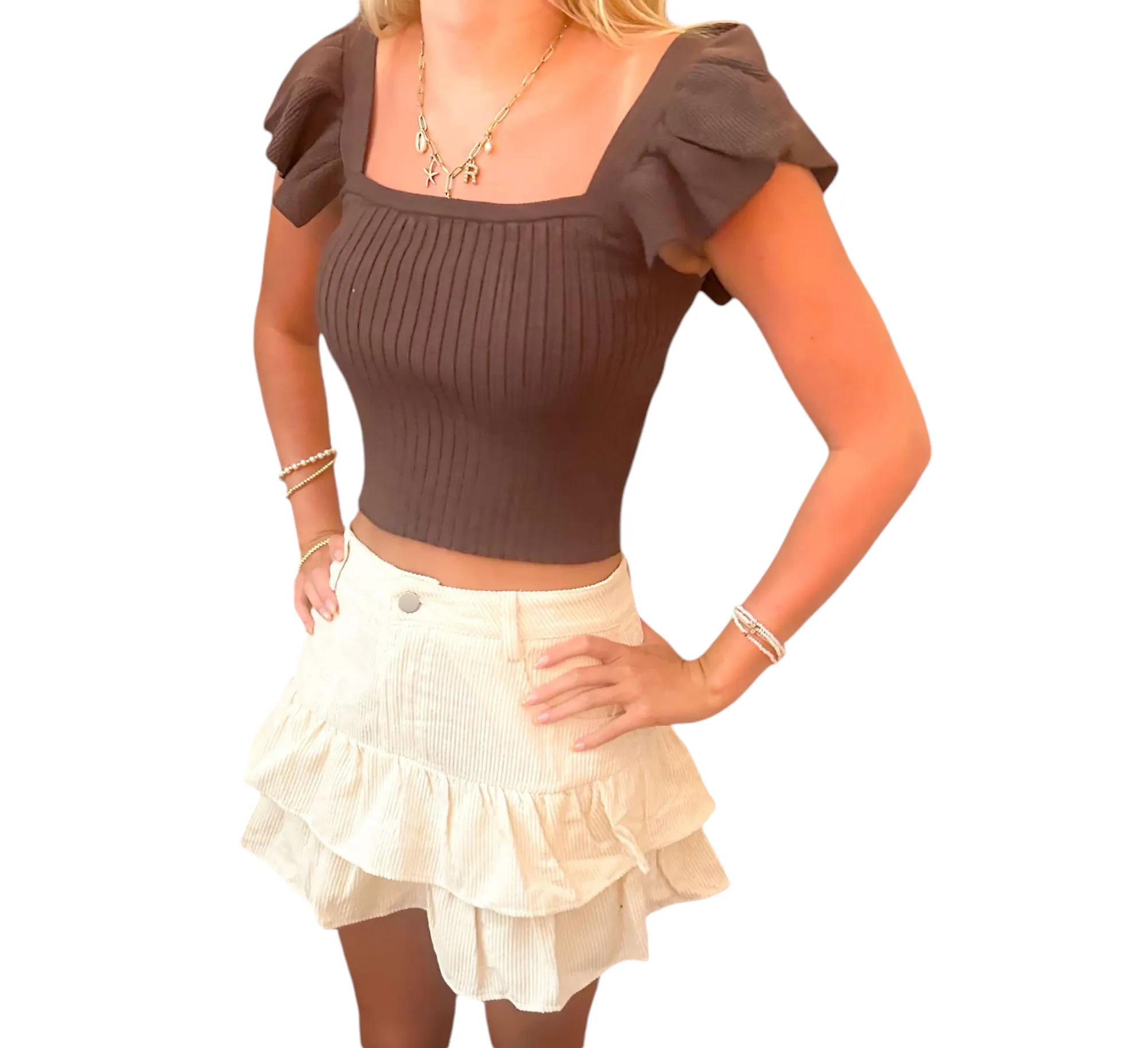 Creamy Double Tiered Curdoury Mini Skort