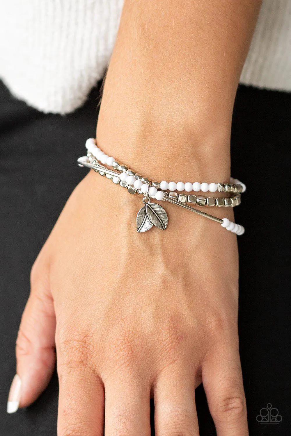 Desert Wanderer White and Silver Leaf Charm Bracelet - Paparazzi Accessories