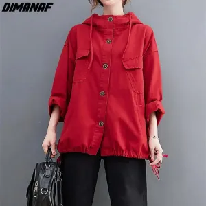 DIMANAF New Oversize Jackets Female Women Cotton Black Spliced Coat Solid Red