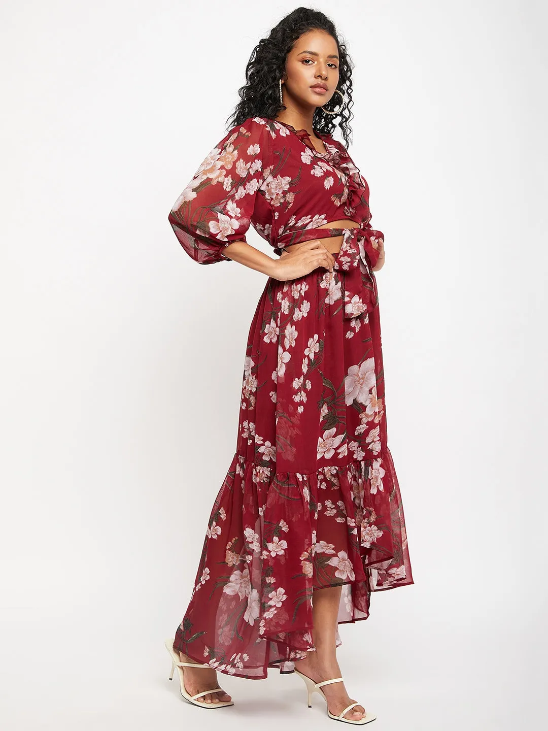 Floral-Printed Top With Flared Maxi Skirts