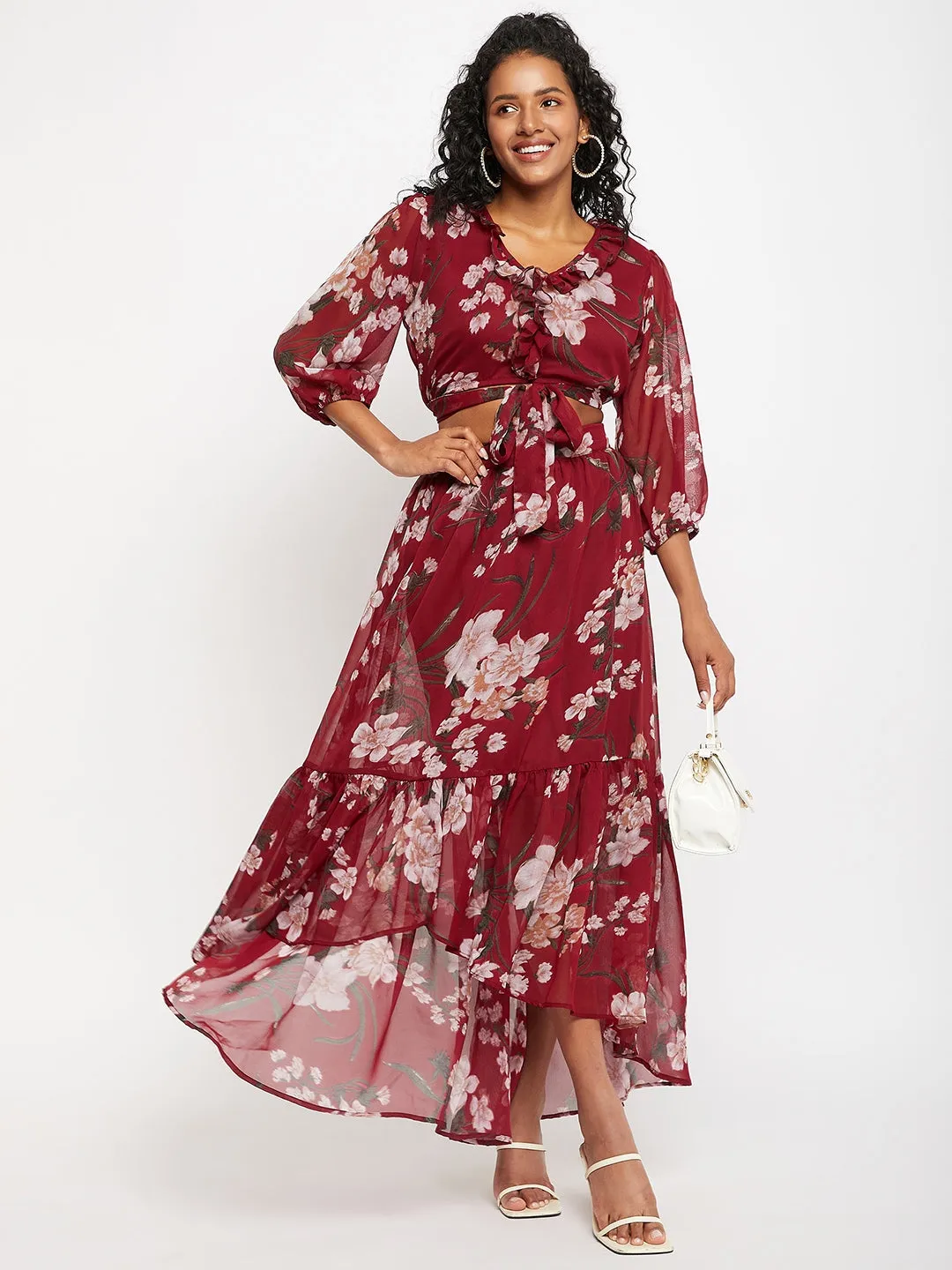 Floral-Printed Top With Flared Maxi Skirts