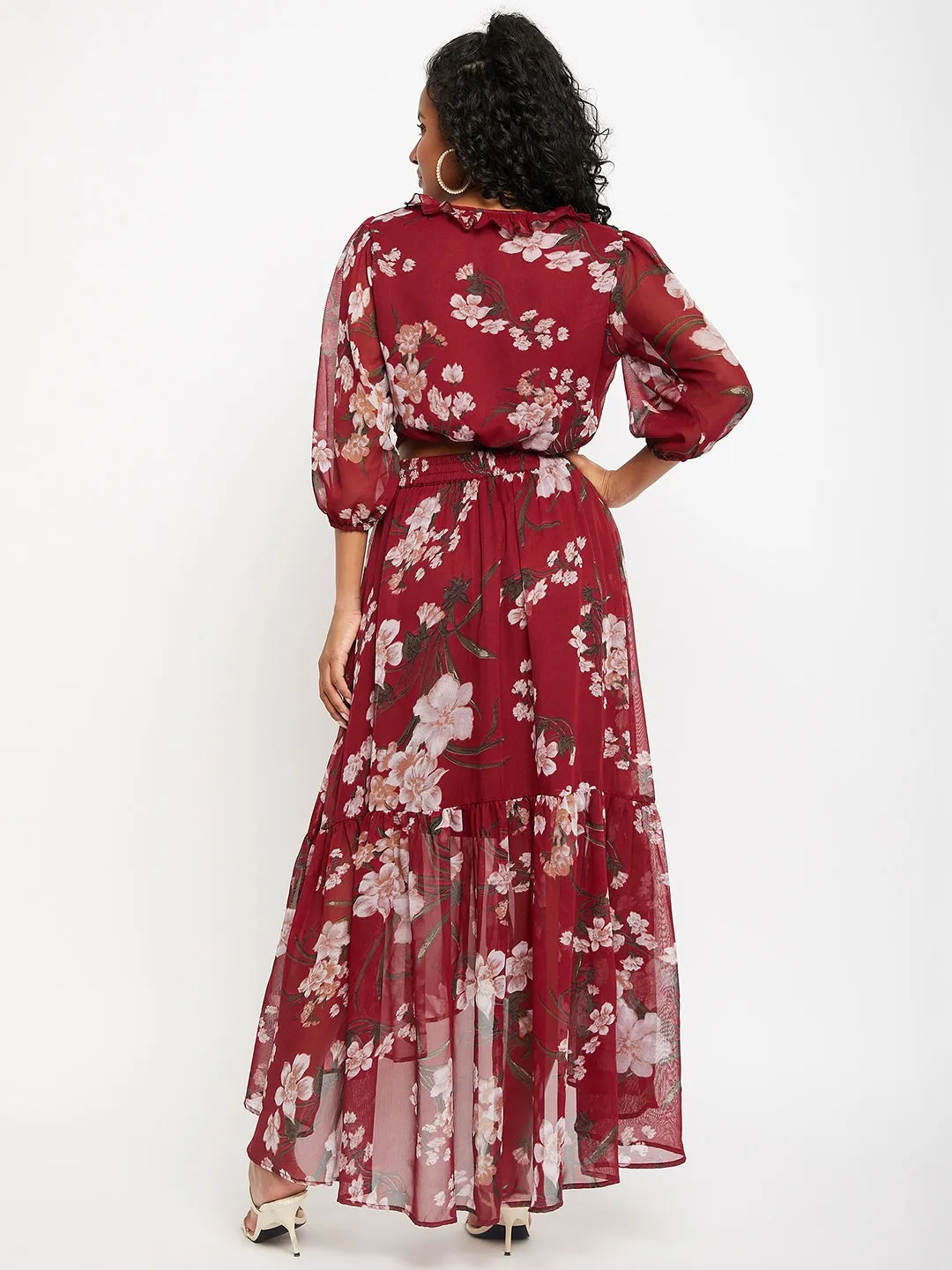 Floral-Printed Top With Flared Maxi Skirts