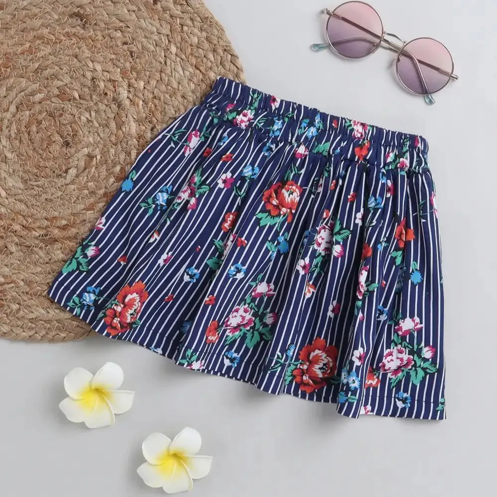 Flowers and Strips Printed Skirt