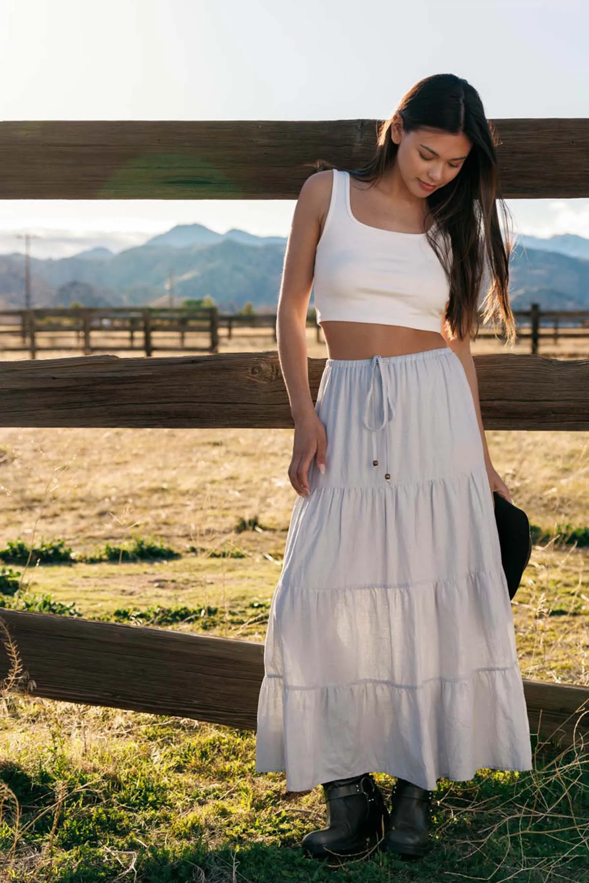 Flowy Tiered Maxi Linen Skirt - Light Grey