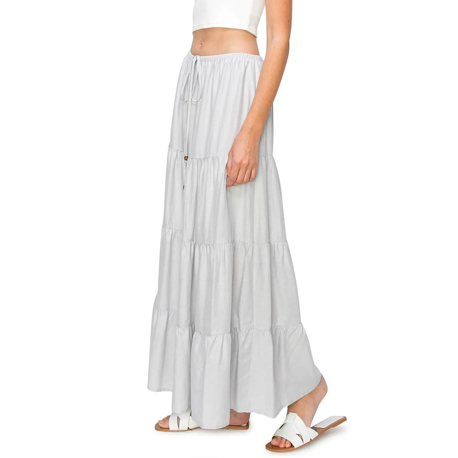 Flowy Tiered Maxi Linen Skirt - Light Grey