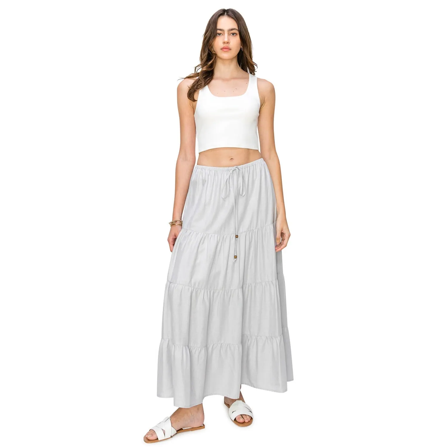 Flowy Tiered Maxi Linen Skirt - Light Grey