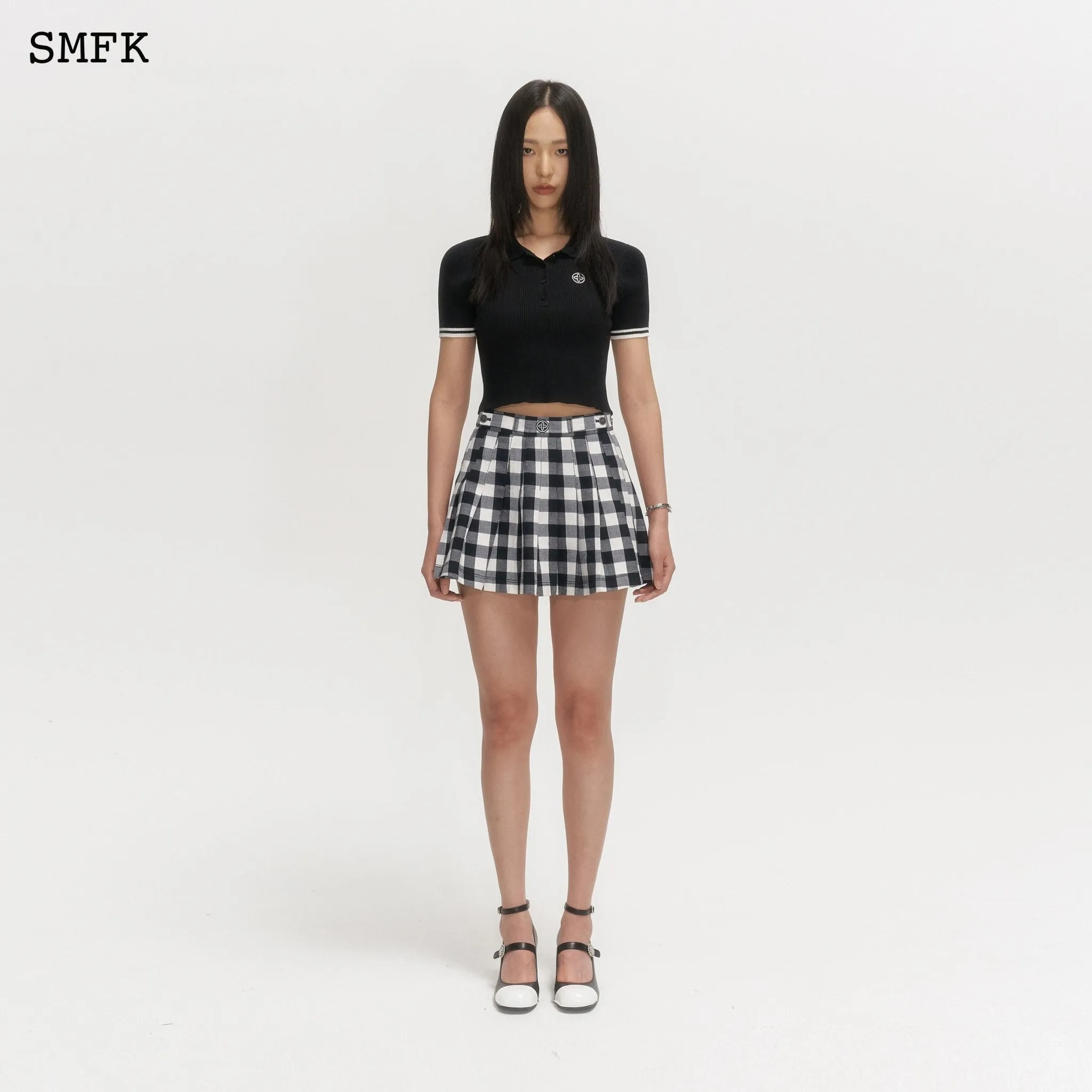 Grassland Black And White Checkered Pleated Skirt