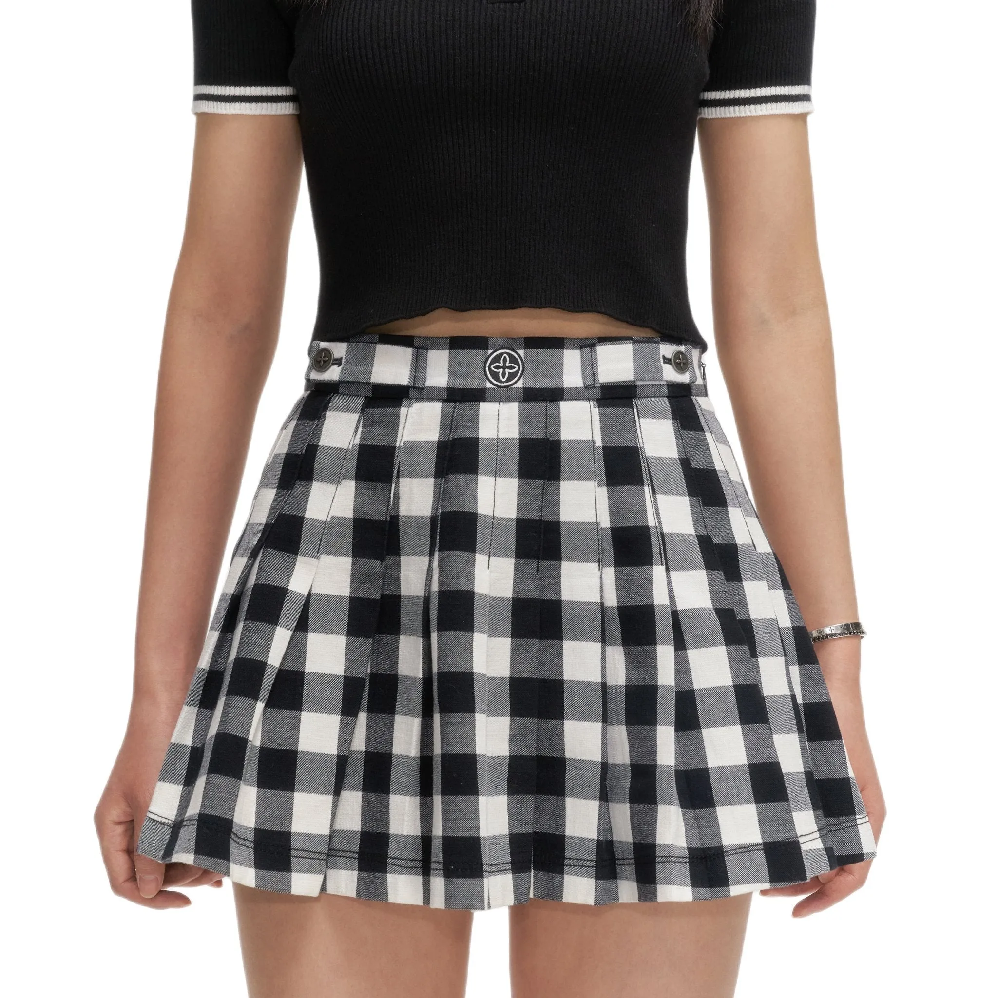 Grassland Black And White Checkered Pleated Skirt