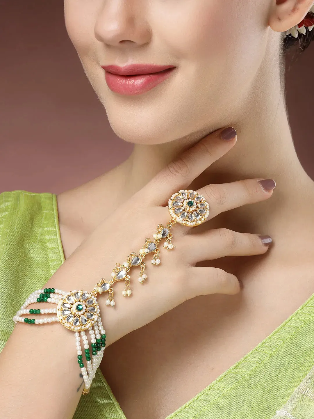 Green Gold-Plated Stone Studded Handcrafted Ring Bracelet