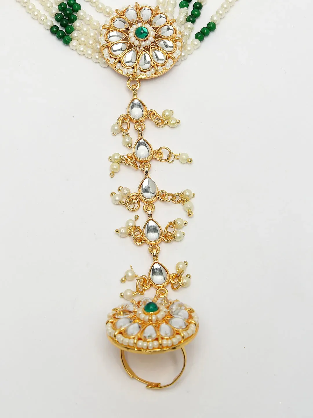 Green Gold-Plated Stone Studded Handcrafted Ring Bracelet