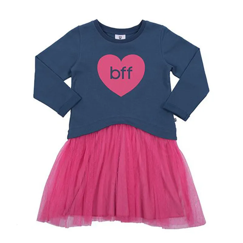 Hoot Kid - The BFF Party Dress - Washed Navy/Hot Pink