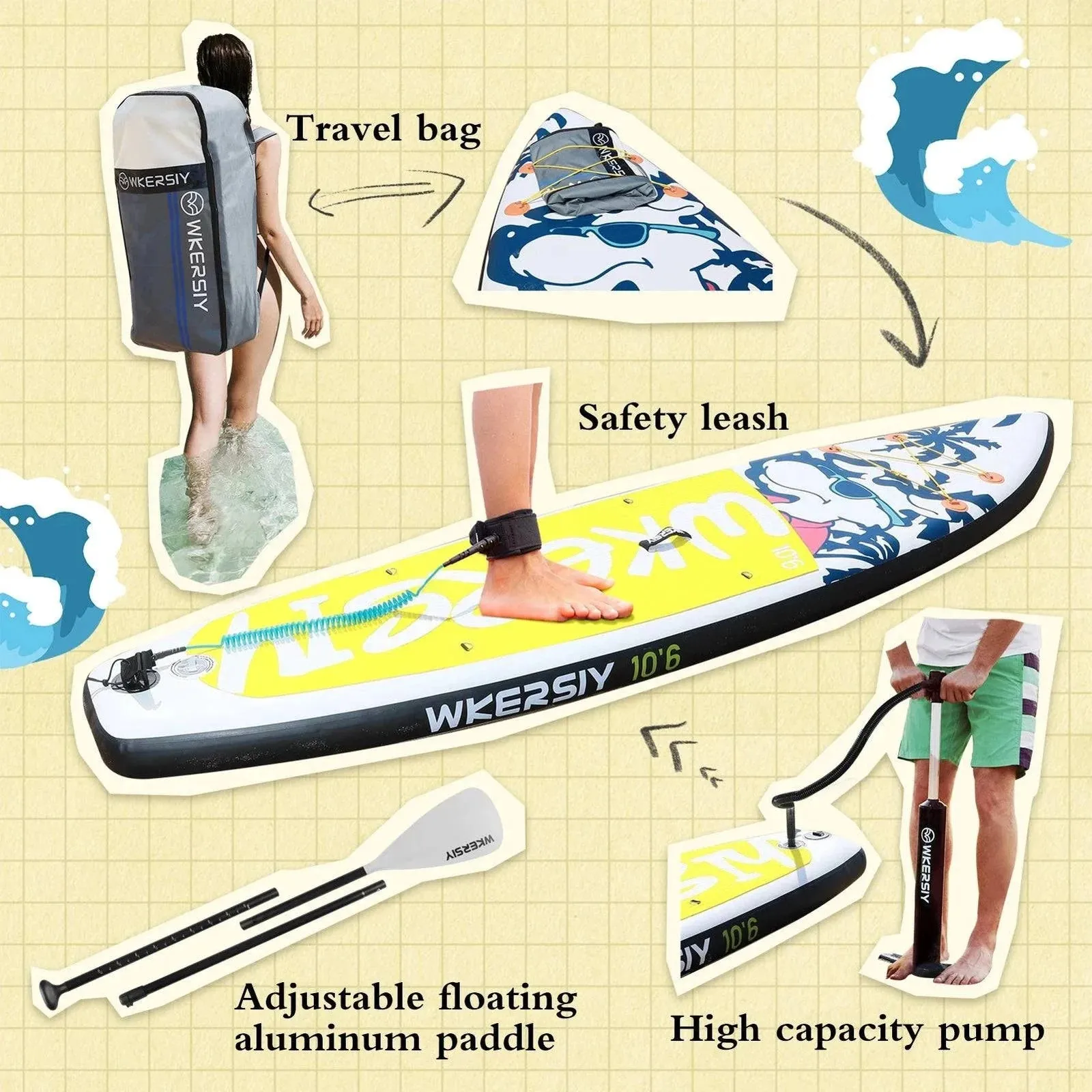 Inflatable Stand Up Paddleboard SUP Board 6" Thick SUP Surfboard Surf Set with Paddleboard Surf Fin Coiled Leash Inflator Pump