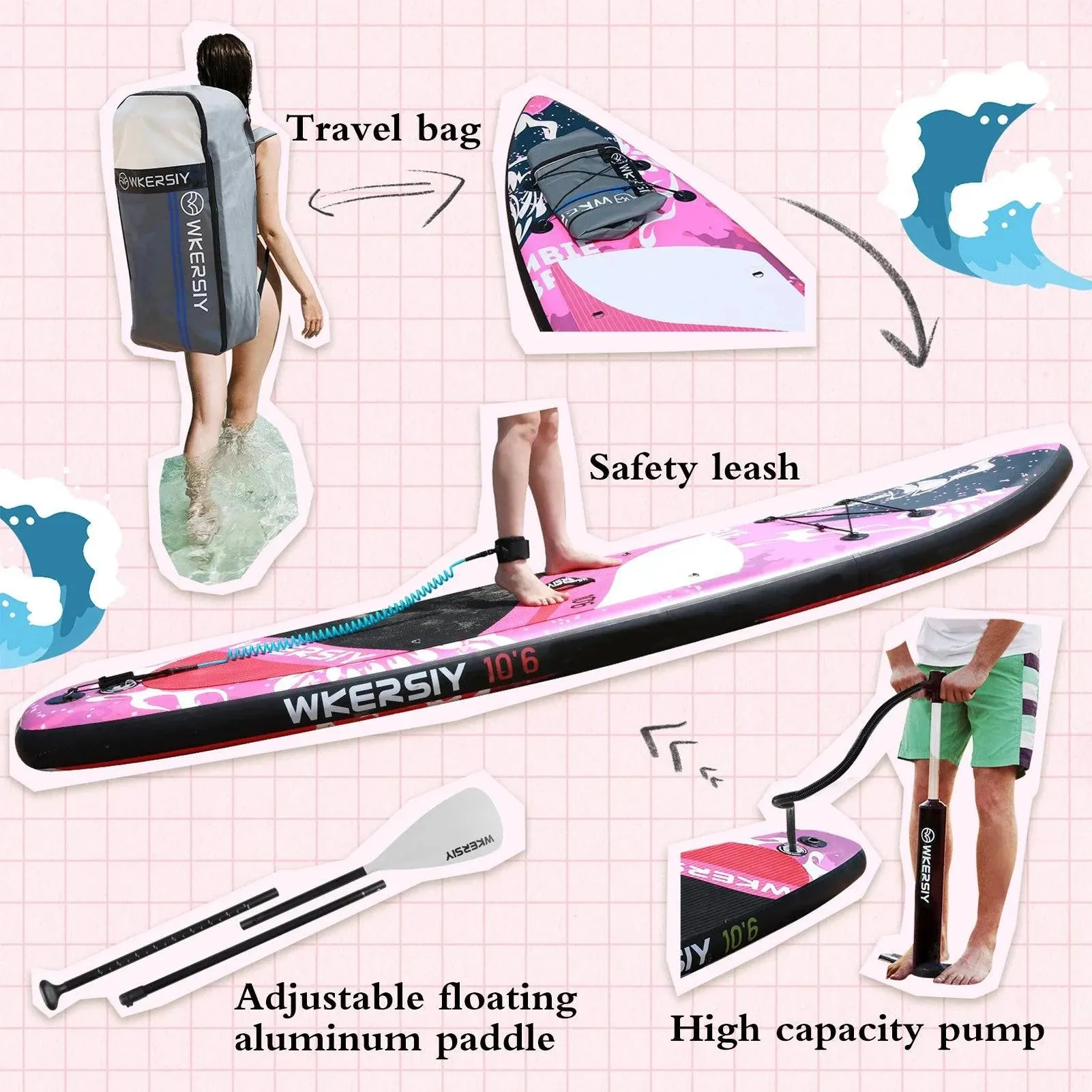 Inflatable Stand Up Paddleboard SUP Board 6" Thick SUP Surfboard Surf Set with Paddleboard Surf Fin Coiled Leash Inflator Pump