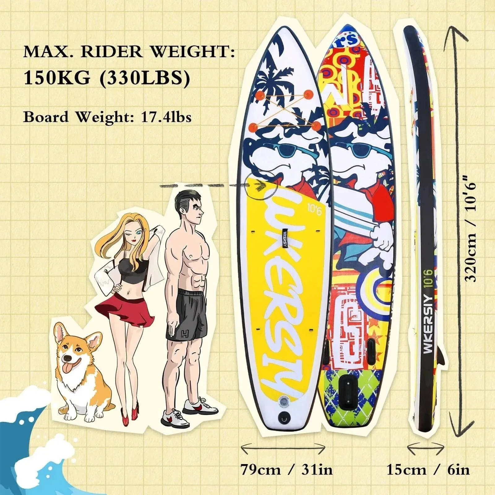 Inflatable Stand Up Paddleboard SUP Board 6" Thick SUP Surfboard Surf Set with Paddleboard Surf Fin Coiled Leash Inflator Pump