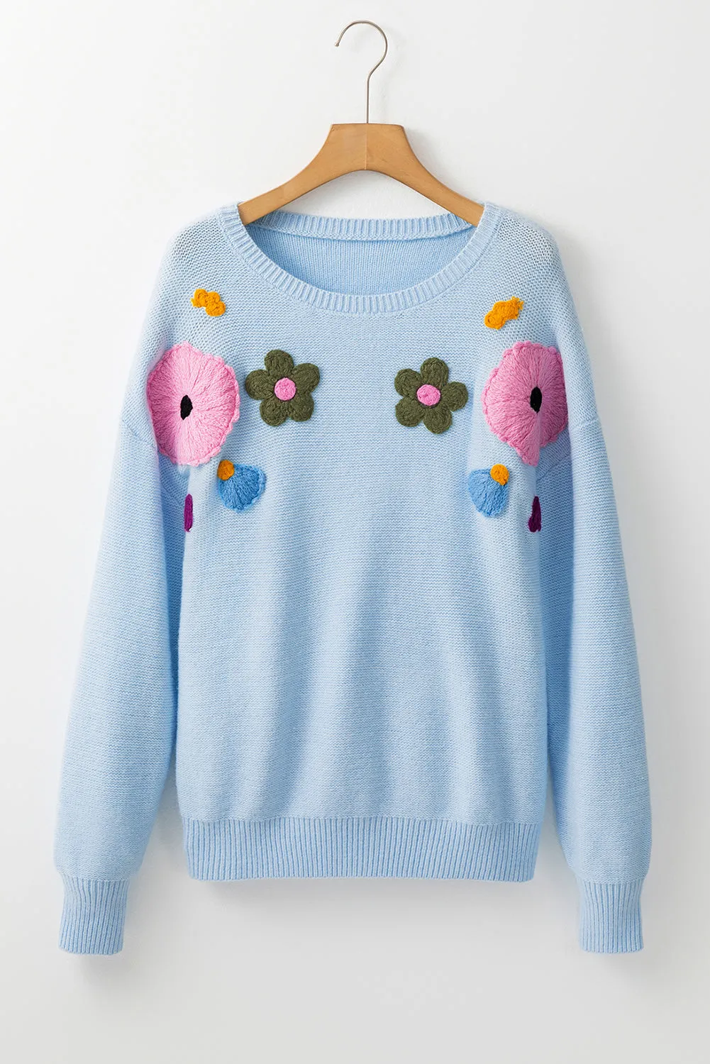 Knitted Flower Pattern Ribbed Edge Sweater