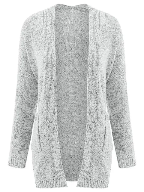 Latest  Gray Collarless Long Sleeve Pocket Design Cardigan For Women