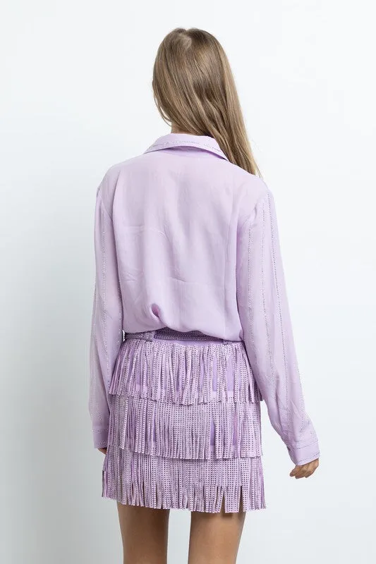 Light Purple Fringe Tassel Mini Skirt Embellished With Hotfix Rhinestones