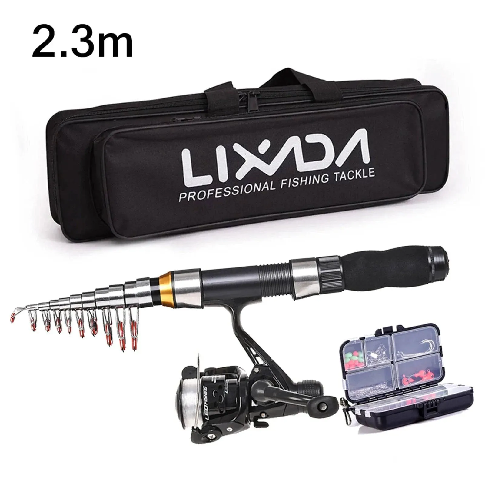 Lixada Fishing Rod Reel Combo Full Kit with 2.1m 2.3m Telescopic Fishing Rods 2PCS Spinning Reels Set with Hooks Soft Lures