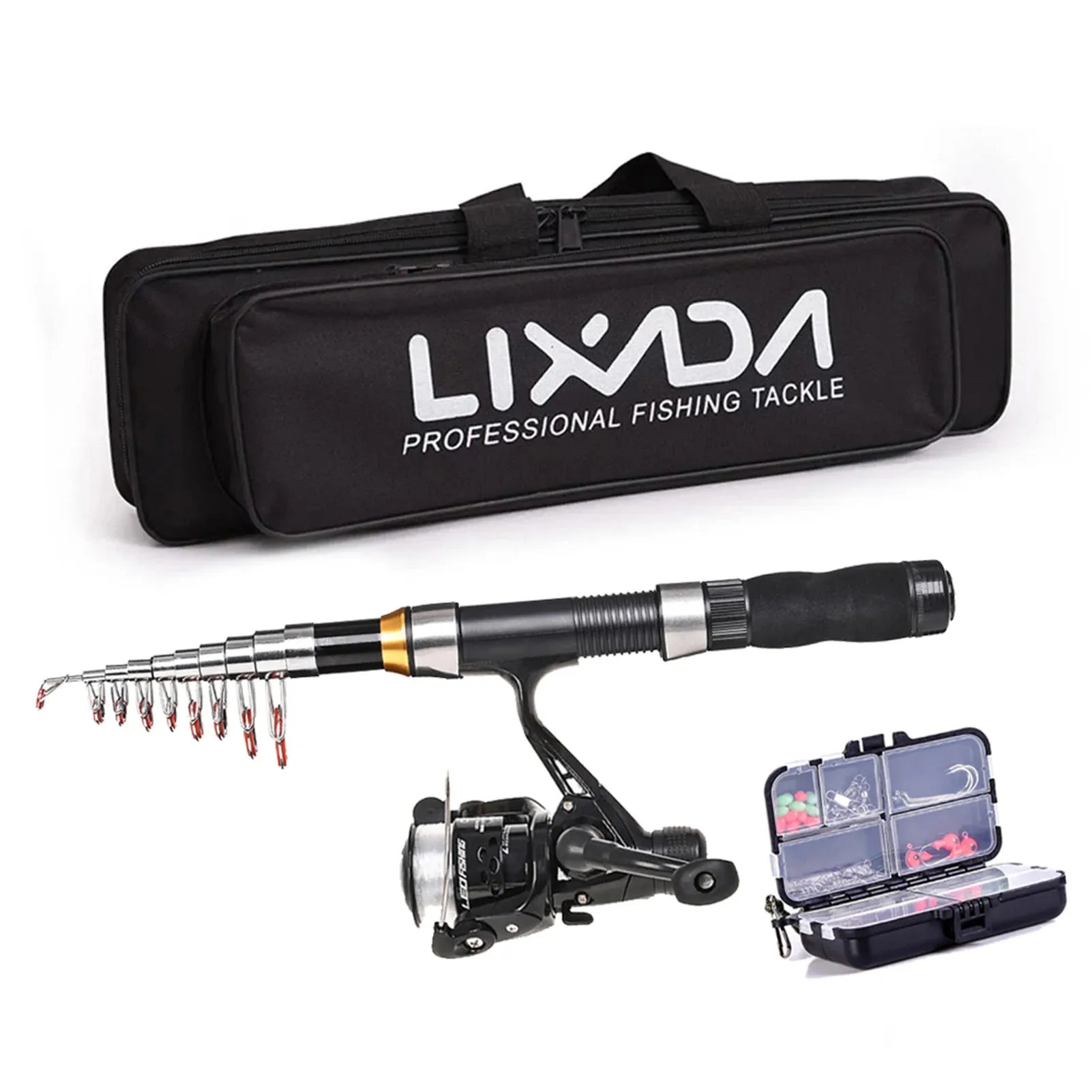 Lixada Fishing Rod Reel Combo Full Kit with 2.1m 2.3m Telescopic Fishing Rods 2PCS Spinning Reels Set with Hooks Soft Lures