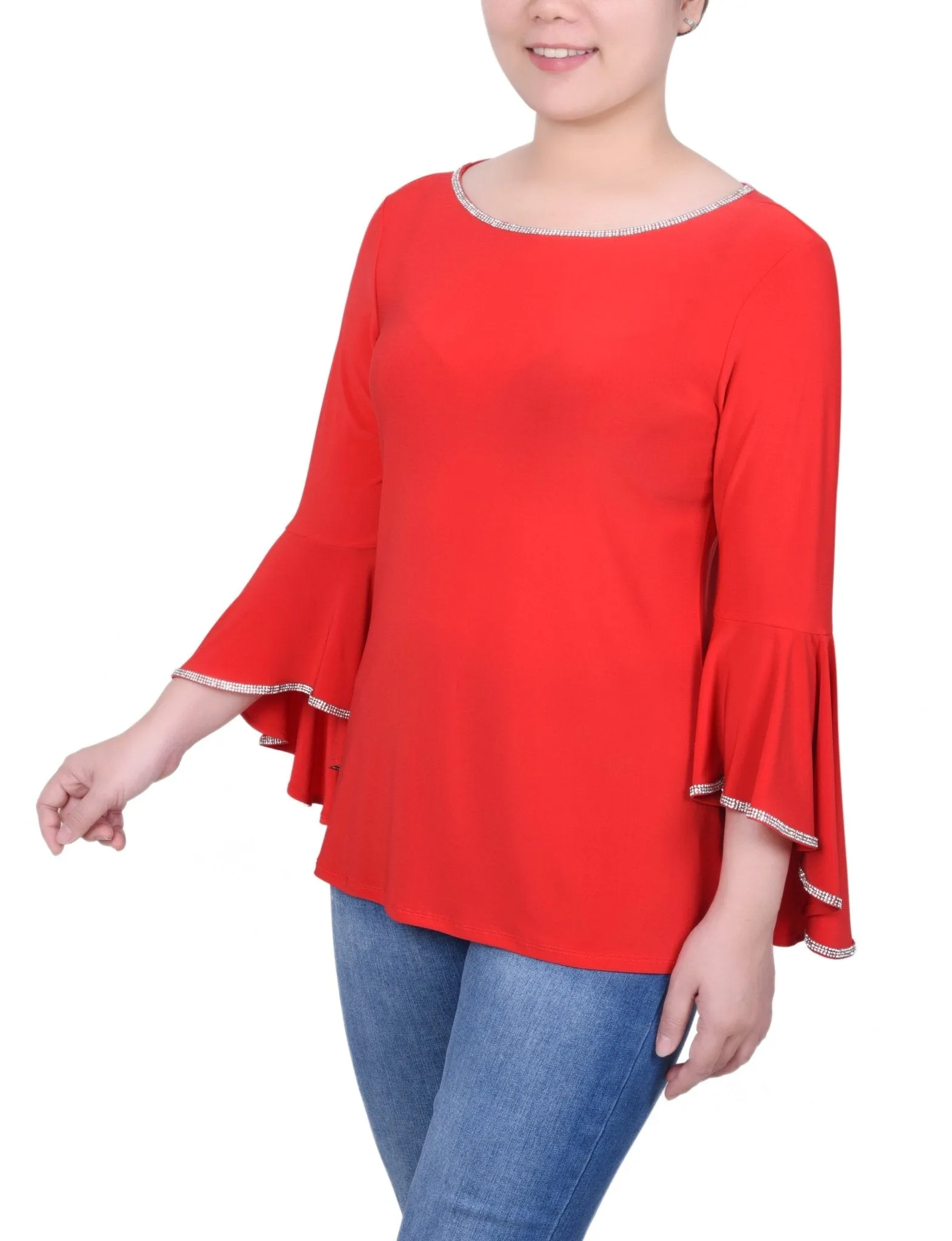 Long Bell Sleeve Tunic Top With Stone Details - Petite