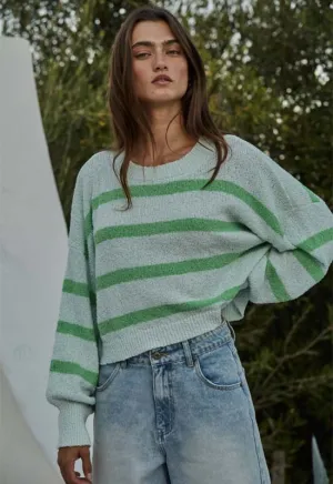 Long Sleeve Crewneck Striped Sweater - Light Mint Green