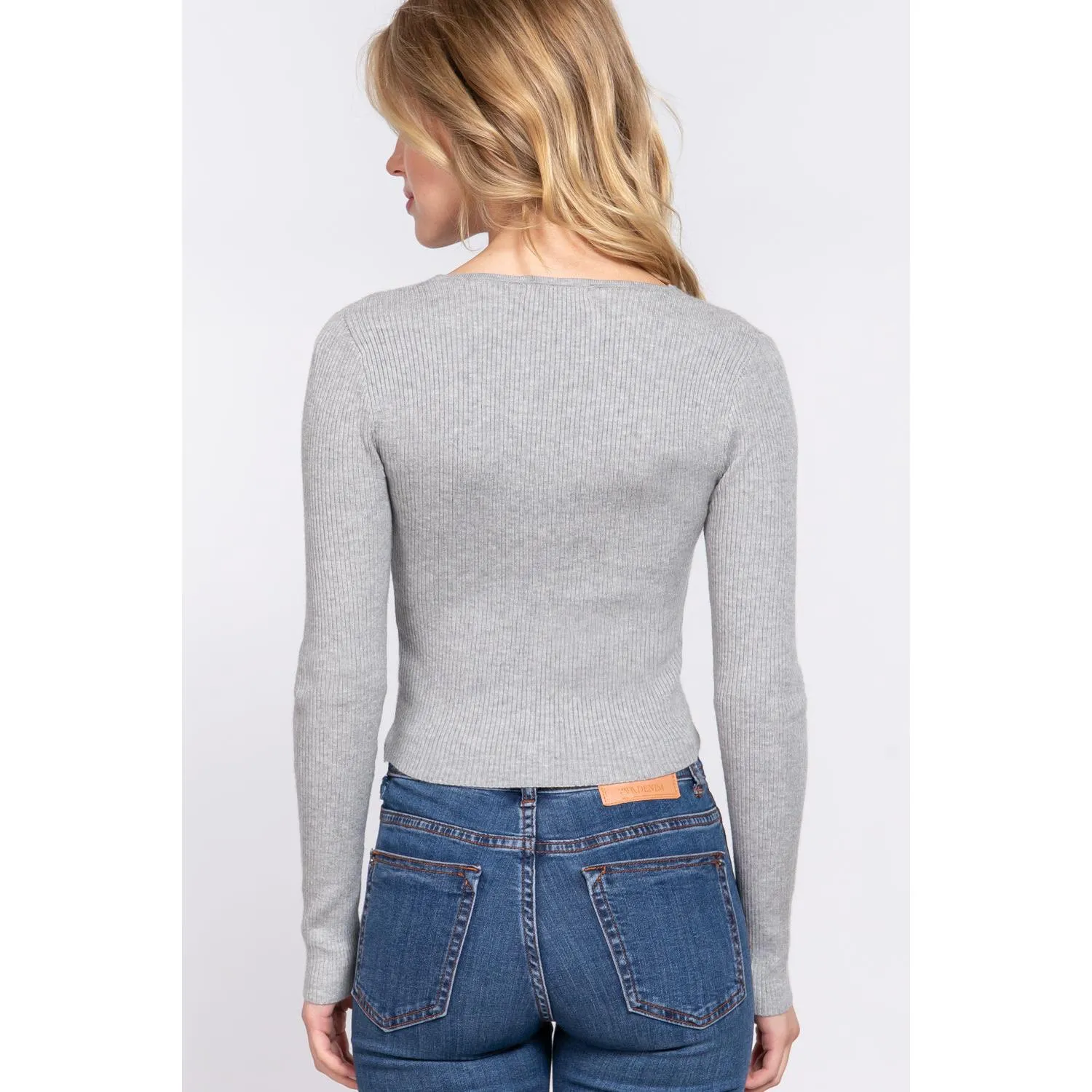 Long Sleeve V-neck Crop Top Tie Detail Sweater