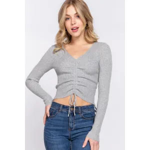 Long Sleeve V-neck Crop Top Tie Detail Sweater