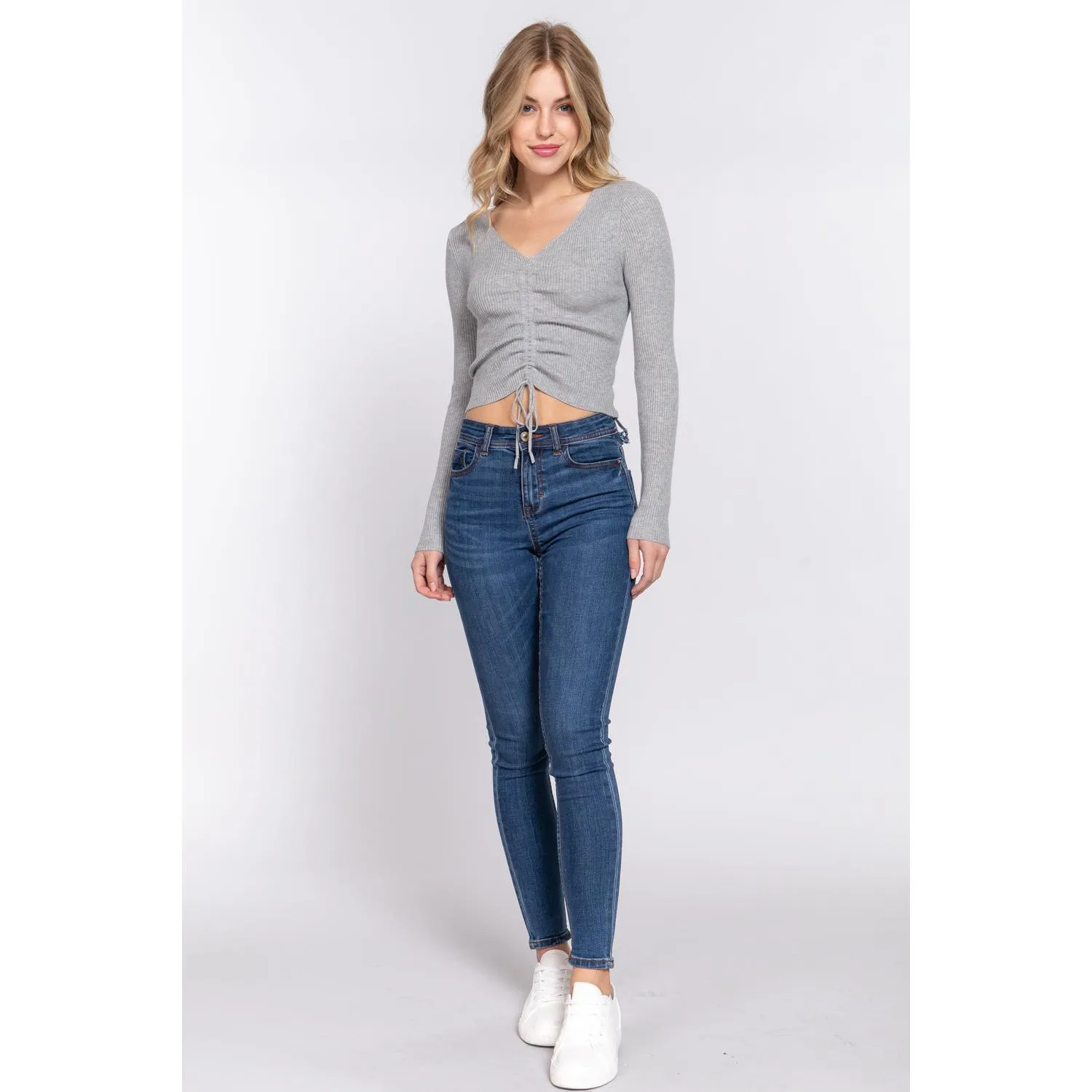 Long Sleeve V-neck Crop Top Tie Detail Sweater