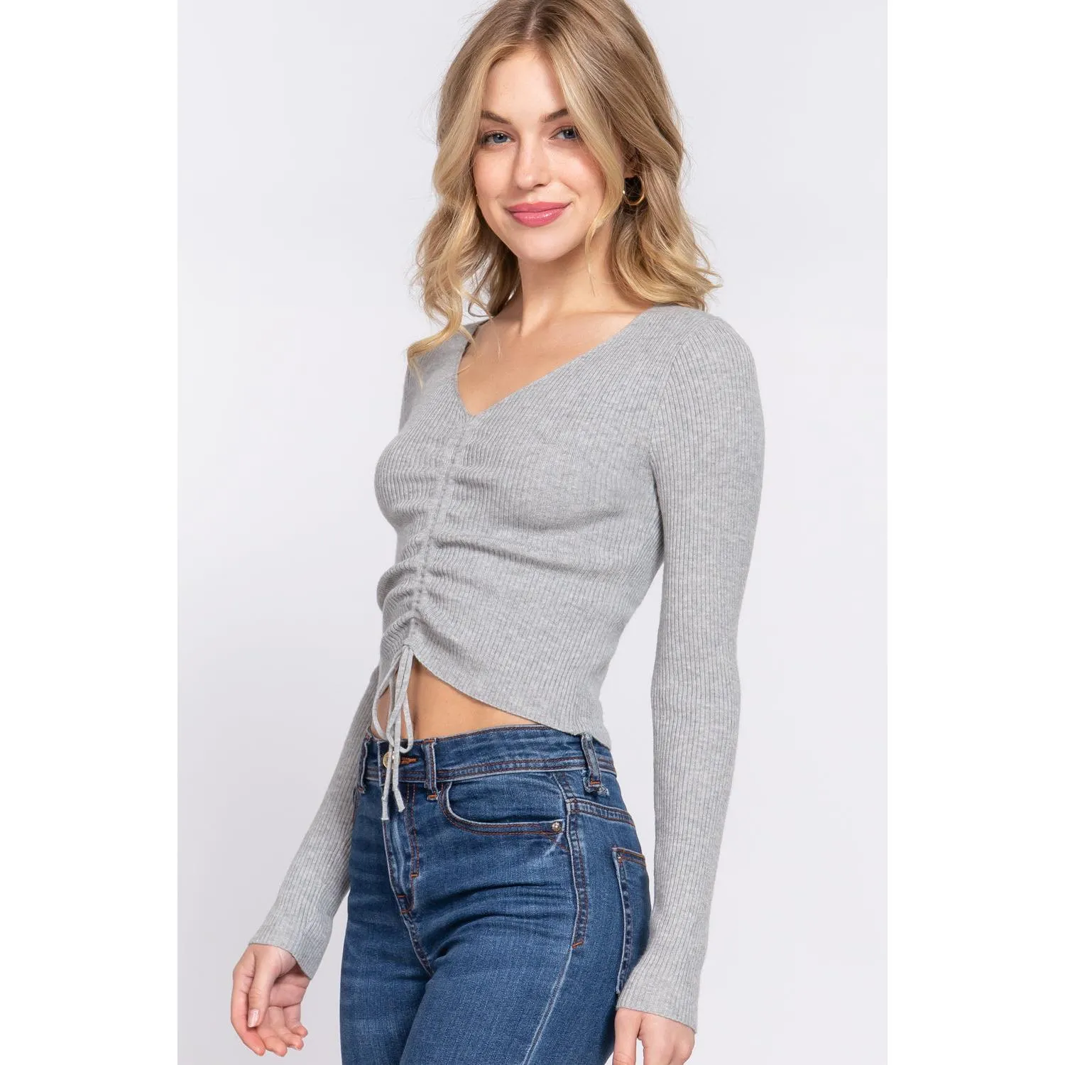 Long Sleeve V-neck Crop Top Tie Detail Sweater